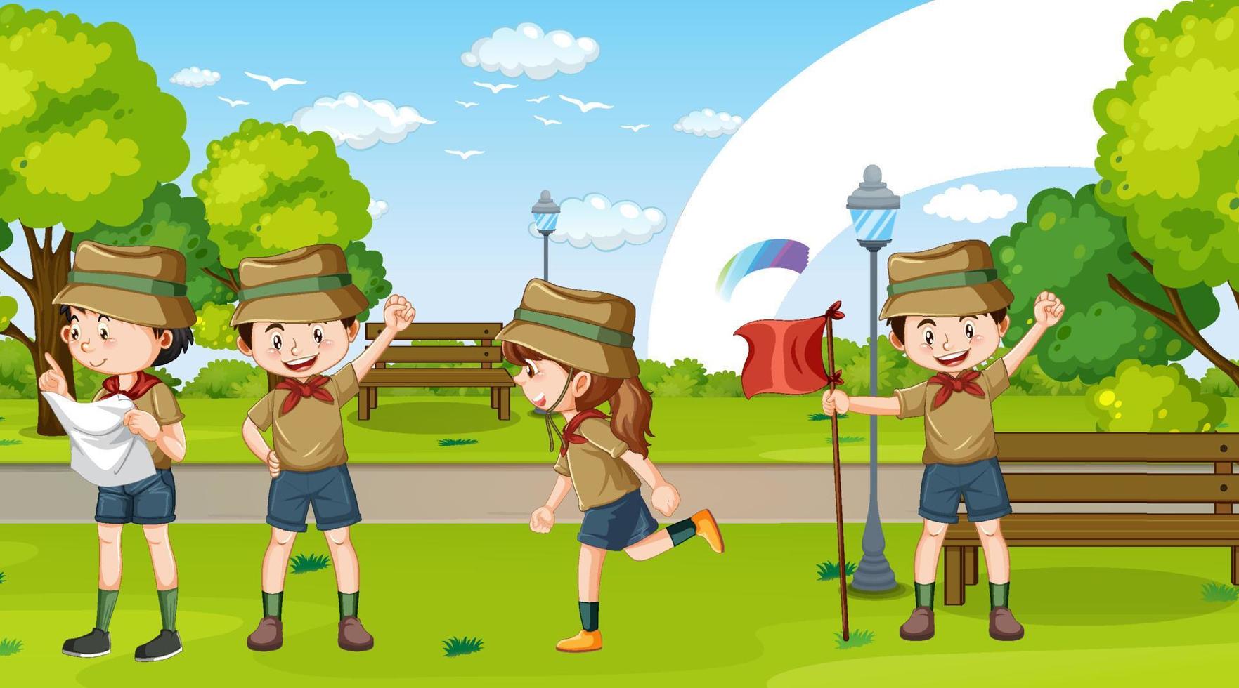 Outdoor scene with scout kids vector