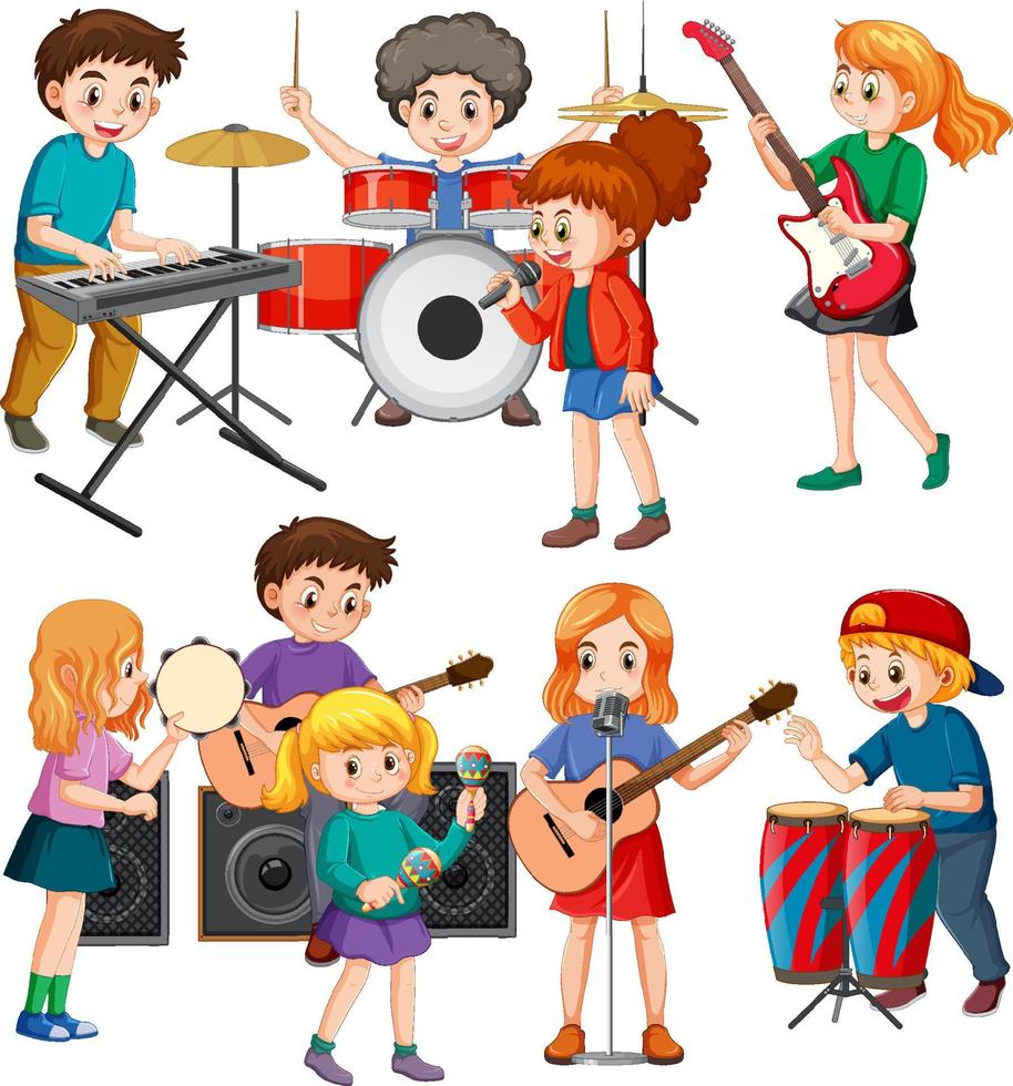 conjunto de niños tocando diferentes instrumentos musicales vector