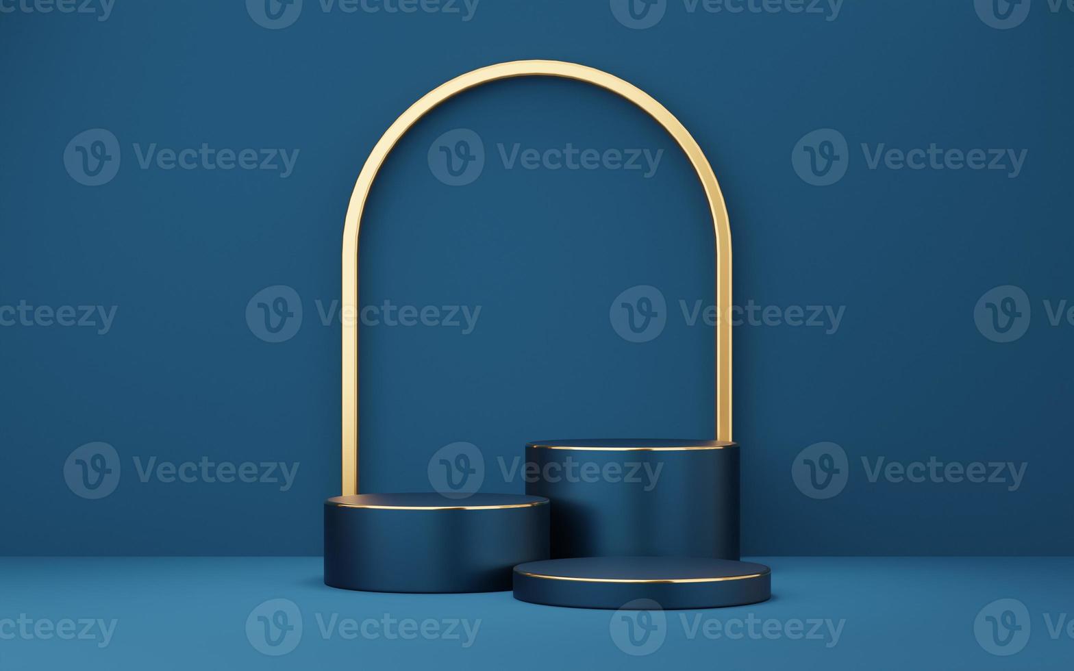 3 Empty blue cylinder podium with gold border arch on wall background. 3d empty pedestal mockup space for display product. Abstract dark minimal geometric object. 3d rendering illustration. photo