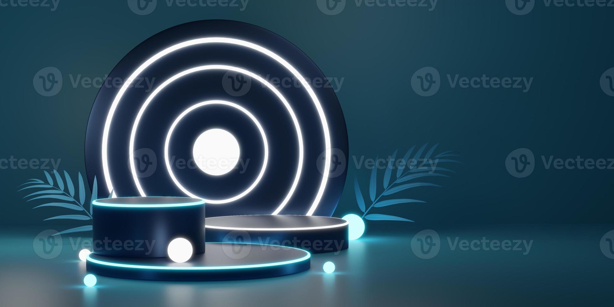 3D blue cylinder pedestal with gold ball, neon circle lighting, palm leaf on green background. Empty modern podium mockup. Abstract technology dark minimal geometric object. 3d render illustration. photo