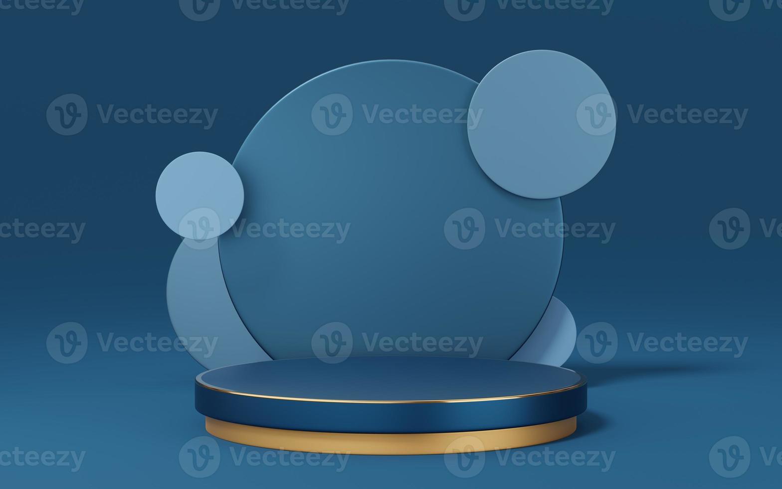 Empty blue cylinder podium with gold border and circle on copy space background. Abstract pastel minimal studio 3d geometric shape. Mockup space for display of product design. 3d rendering. photo