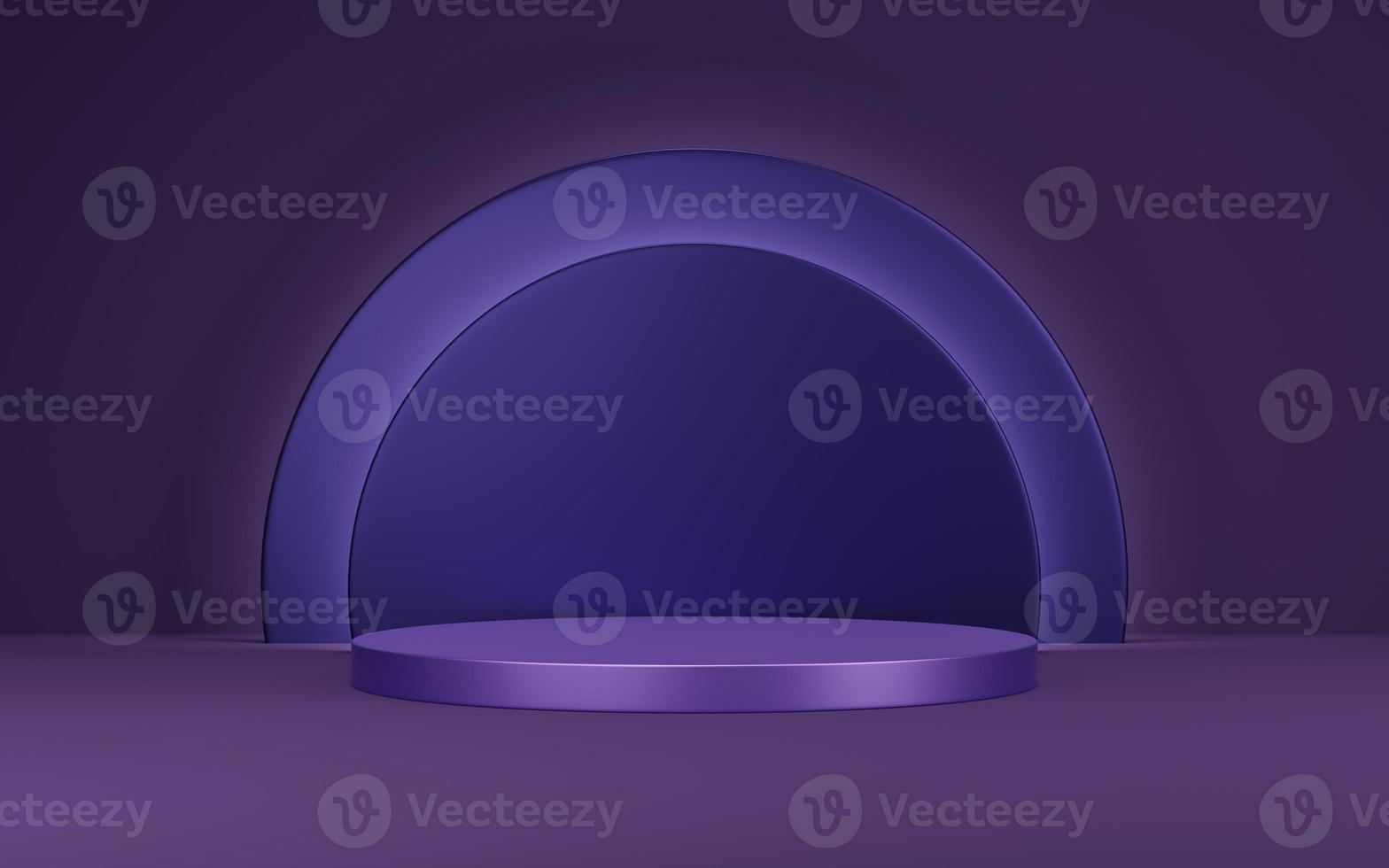3d Empty violet marble cylinder podium on dark purple arch circle background. Abstract minimal studio 3d geometric shape object. Mockup space for display of product design. 3d rendering. photo
