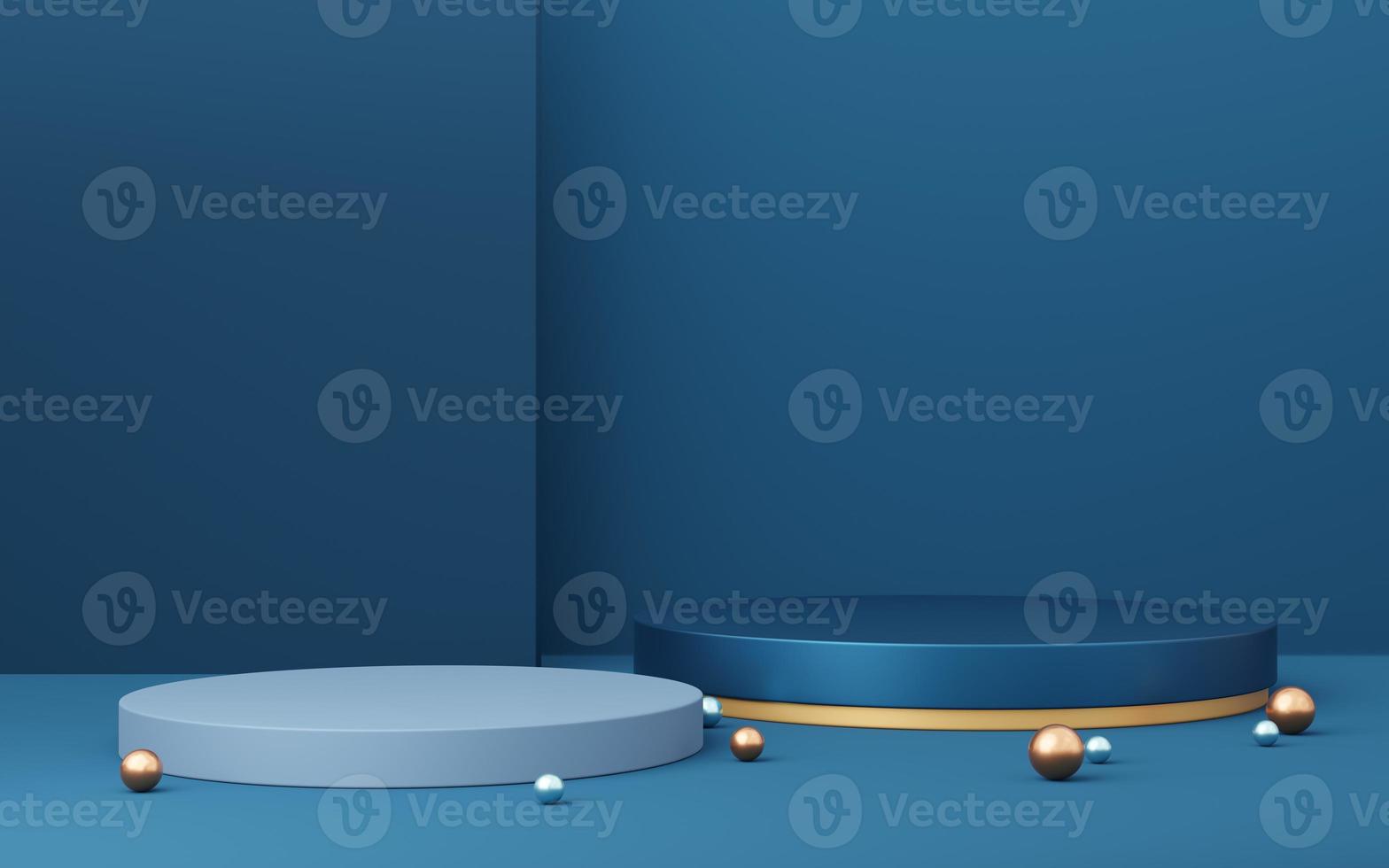 2 Blue cylinder podium with gold border and ball on copy space wall background. 3d empty pedestal mockup space for display product. Abstract dark minimal geometric object. 3d render illustration. photo