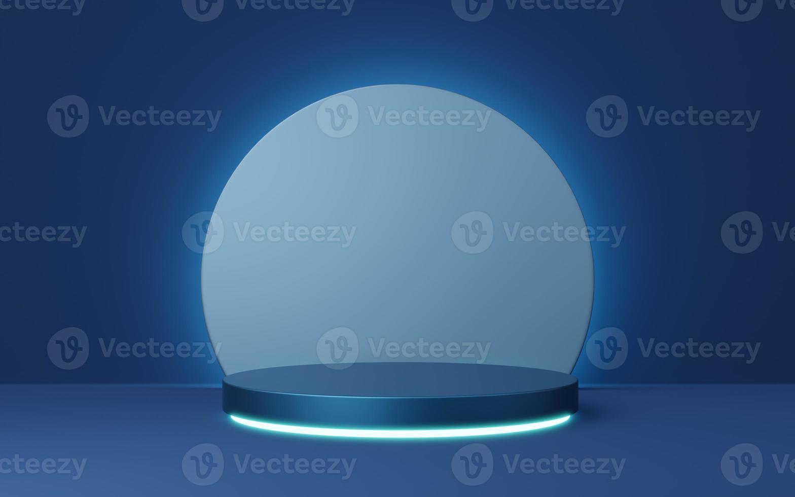 3D blue cylinder pedestal with neon border, circle lighting on copy space background. Empty modern podium mockup. Abstract technology dark minimal geometric object. 3d render illustration. photo