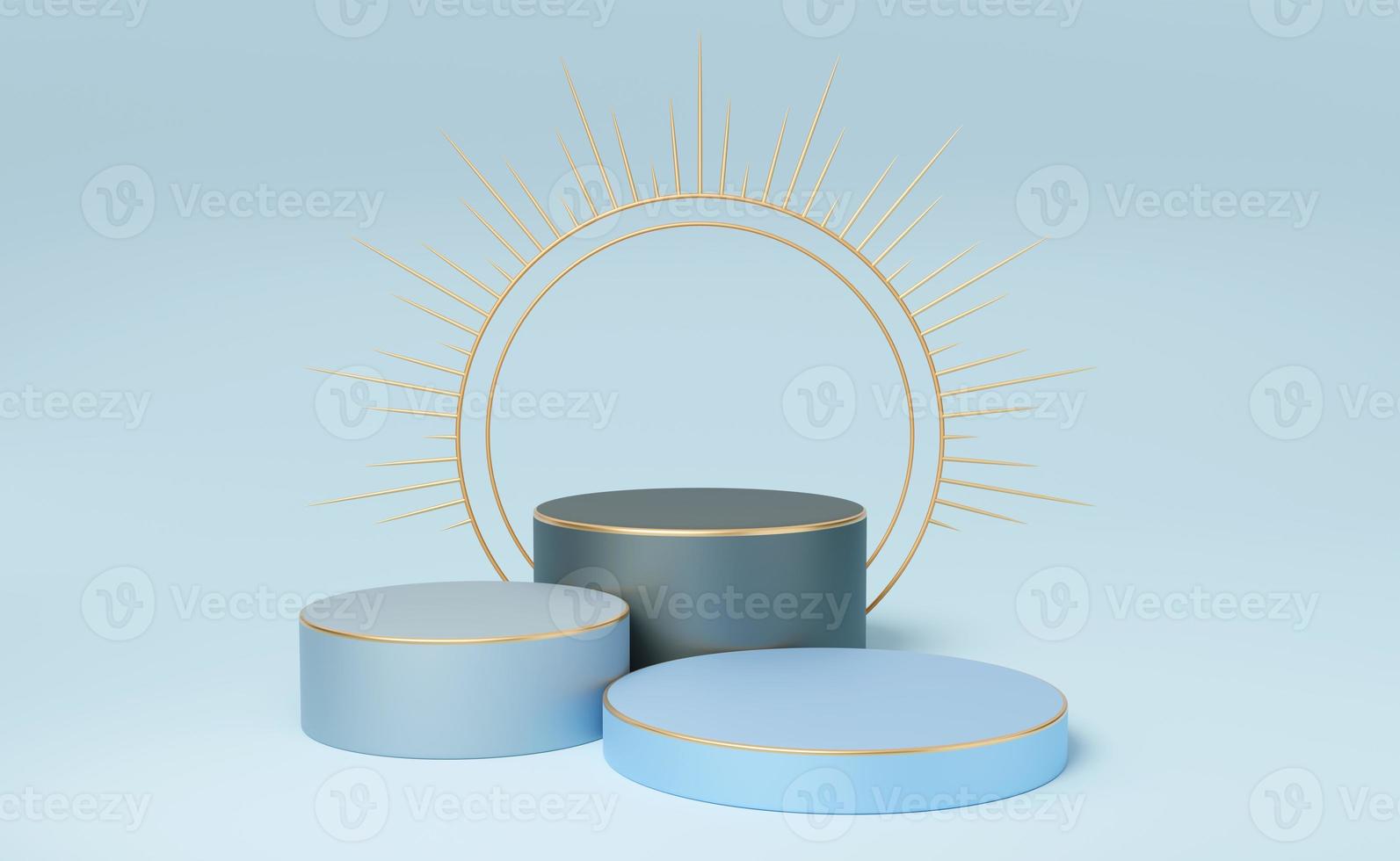 3D Pedestal mockup space for luxury display. 3 Empty gray, black cylinder podium with gold border, spiked halo circle on blue background. Abstract minimal studio geometric shape object. 3d rendering. photo