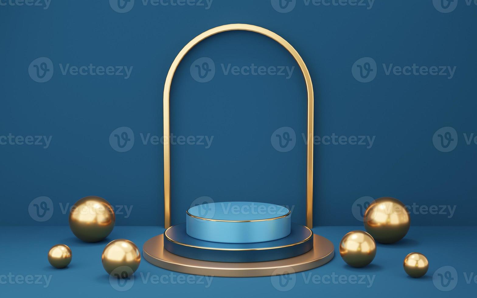 Empty blue cylinder podium with gold border, ball, arch on wall background. 3d empty pedestal mockup space for display product. Abstract dark minimal geometric object. 3d rendering illustration. photo