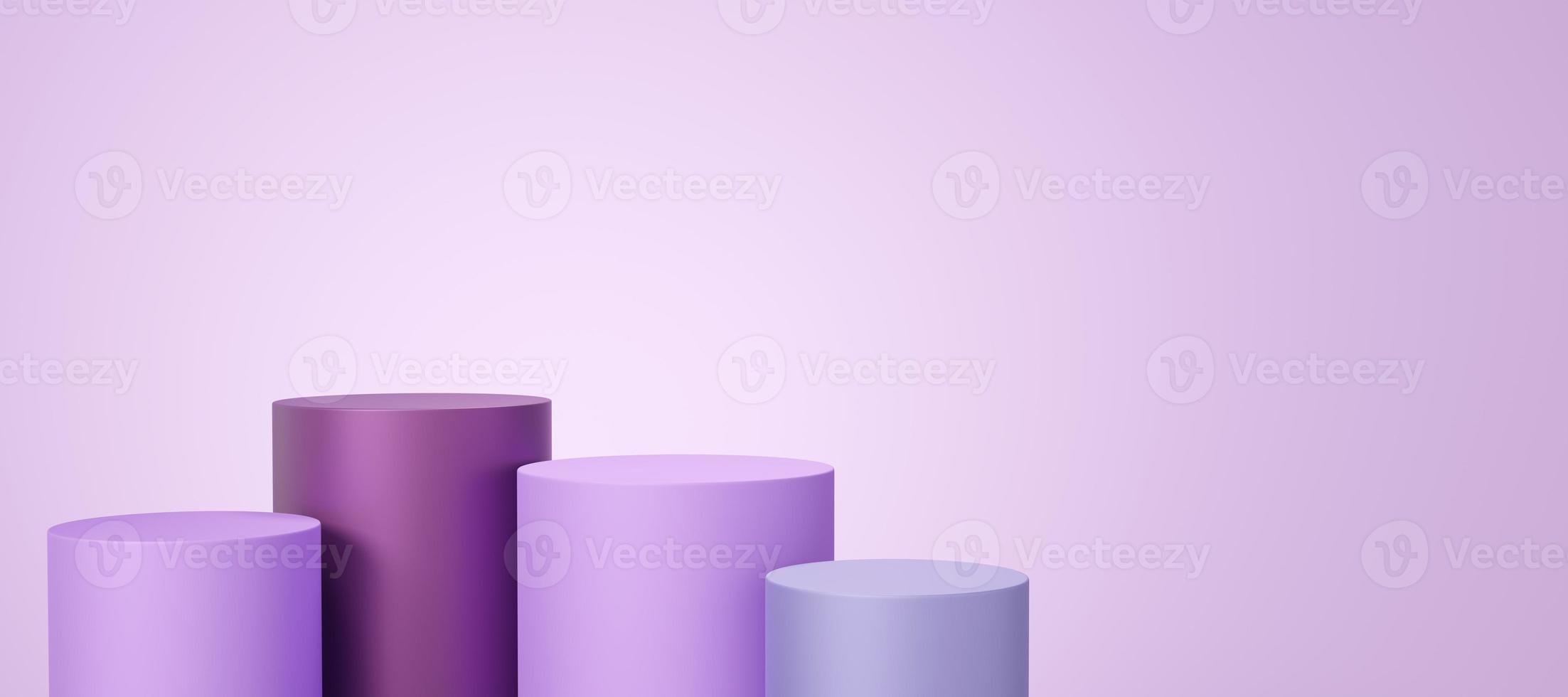 4 Empty magenta and purple cylinder podium floating on violet copy space background. 3d Pedestal mockup space for display of product design. Abstract minimal studio geometric shape object. 3d render photo
