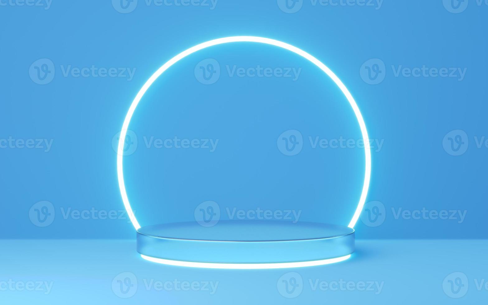 3D blue glass cylinder pedestal with gold border, neon circle lighting on copy space background. Empty modern podium mockup. Abstract technology pastel minimal geometric object. 3d render illustration photo