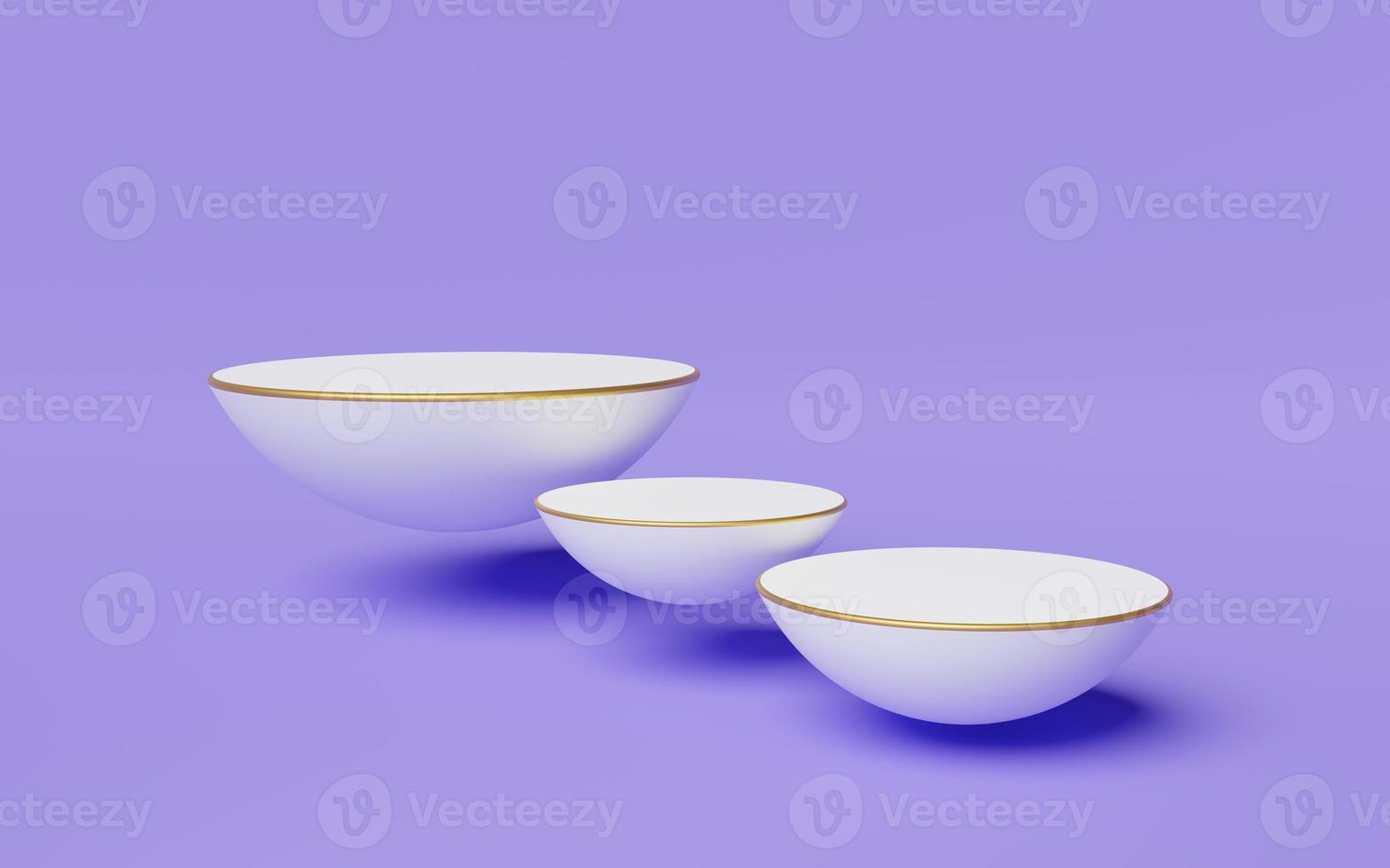 3 white half sphere podium floating with gold border on purple background. Empty pedestal mockup space for display product design. Abstract minimal studio geometric shape object. 3d rendering. photo