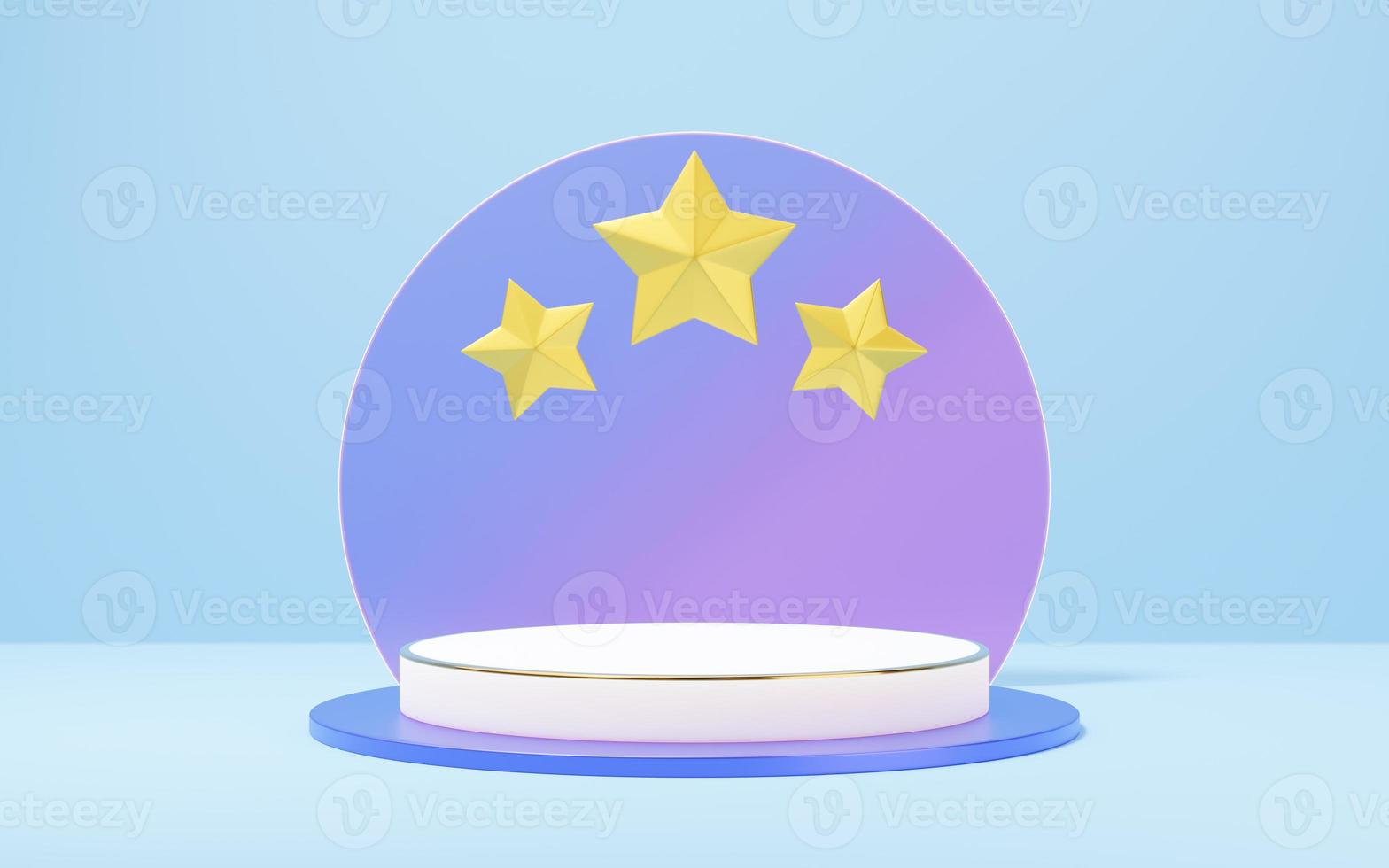 Empty white marble cylinder podium with gold border, star rating on glass arch circle background. Pedestal mockup space for display product design. Abstract minimal studio geometric object. 3d render. photo
