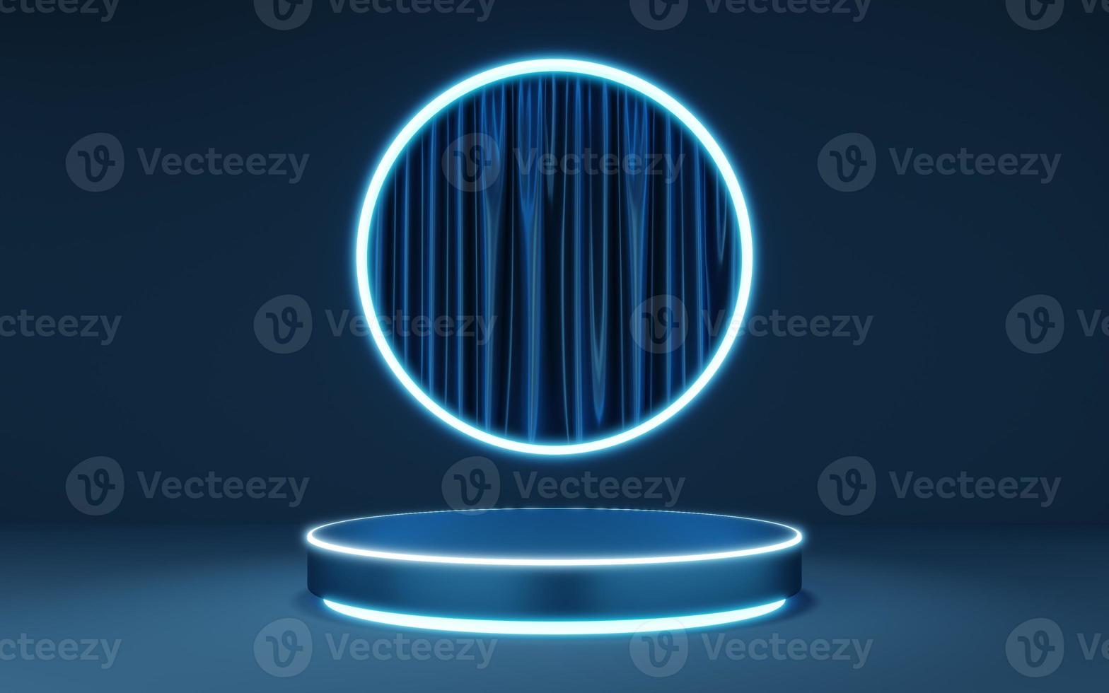 Blue cylinder pedestal with neon border on glow lighting circle arch, curtain background. Empty modern podium mockup space. Abstract technology dark minimal geometric object. 3d render illustration. photo