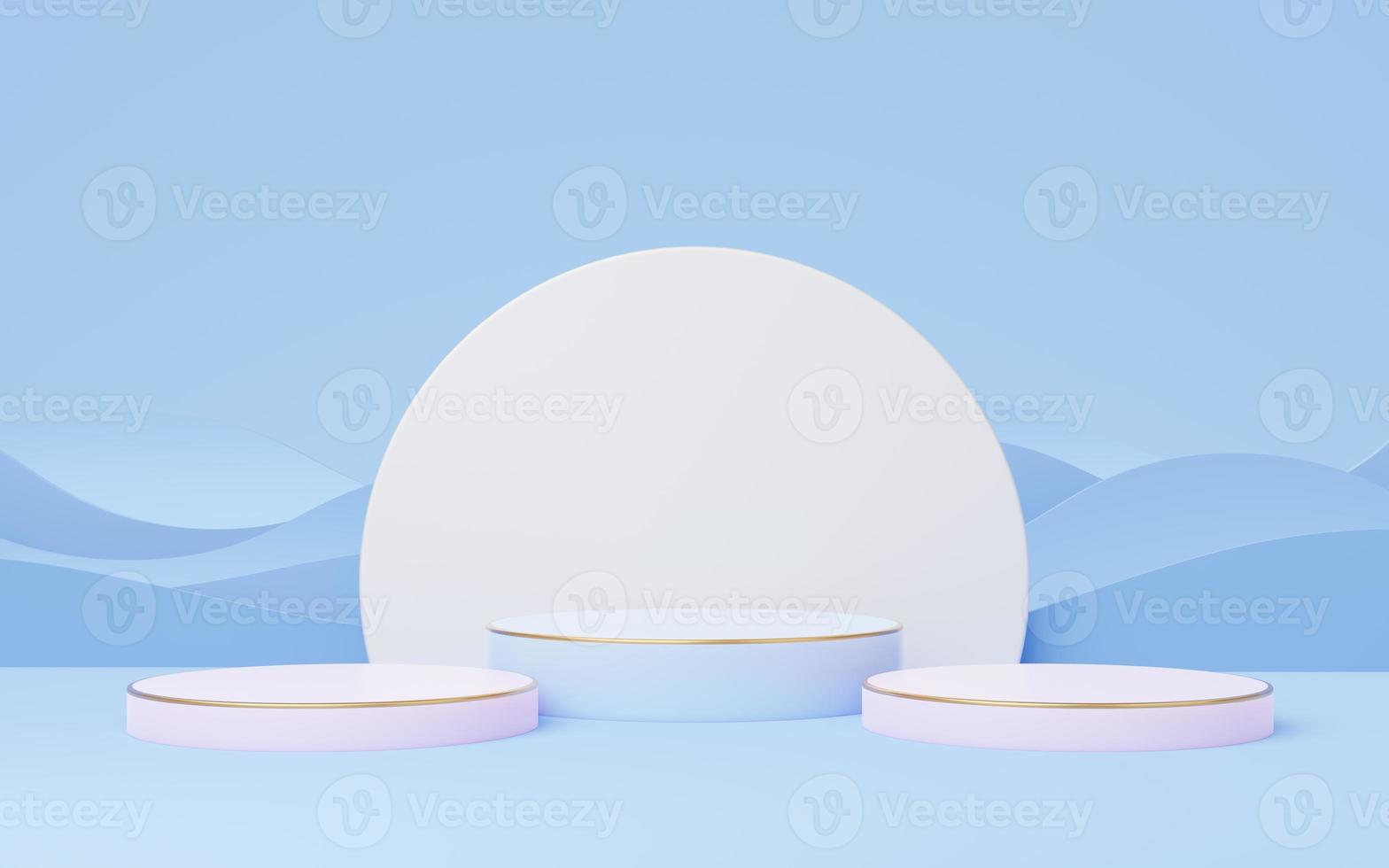 3 Violet cylinder pedestal with gold border and circle on blue wave background. 3d empty podium mockup space for display product. Mockup space for display of product design. Paper cut style. 3d render photo