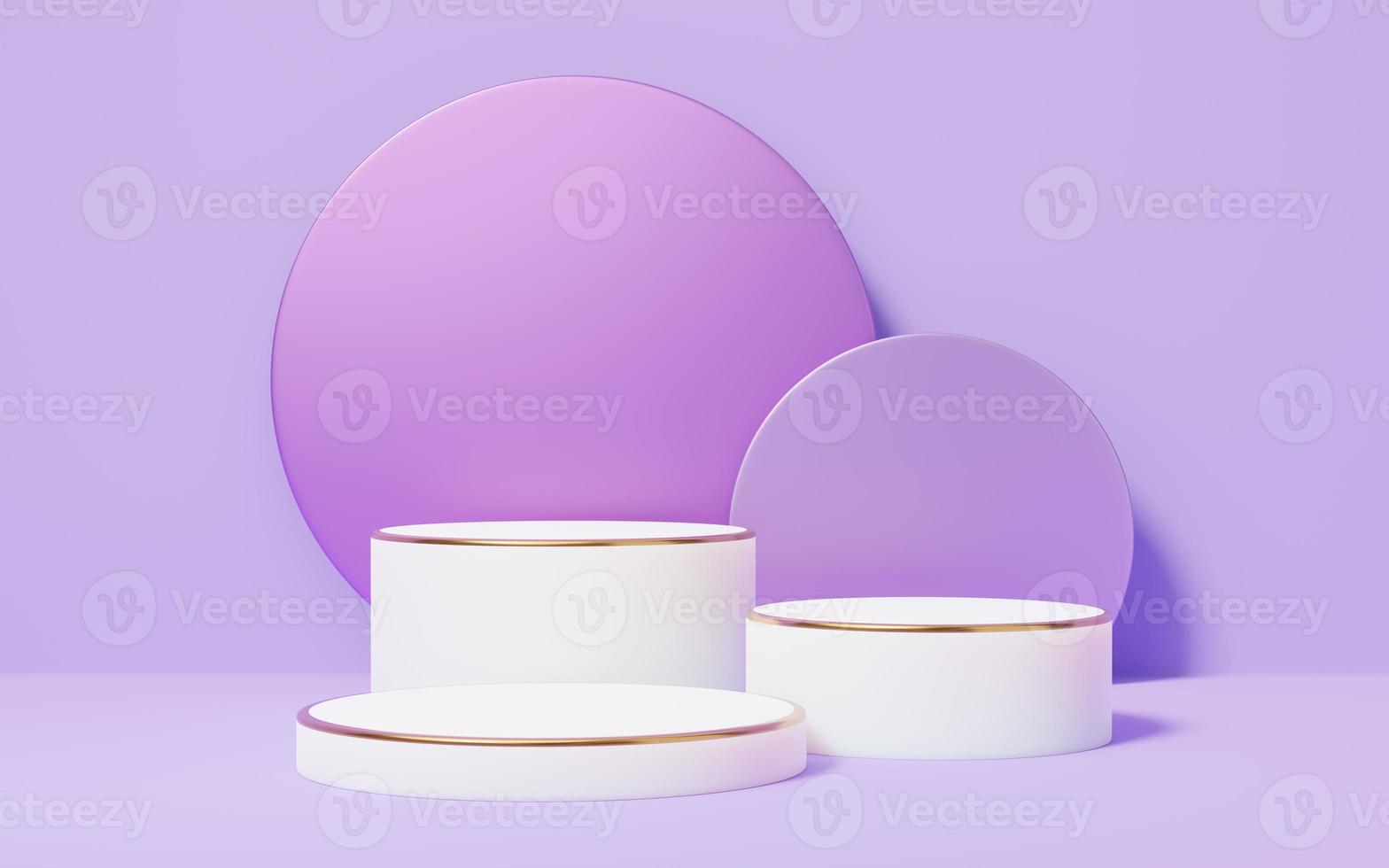 Empty white marble cylinder podium with gold border on violet arch circle purple background. Abstract minimal studio 3d geometric shape object. Mockup space for display of product design. 3d rendering photo