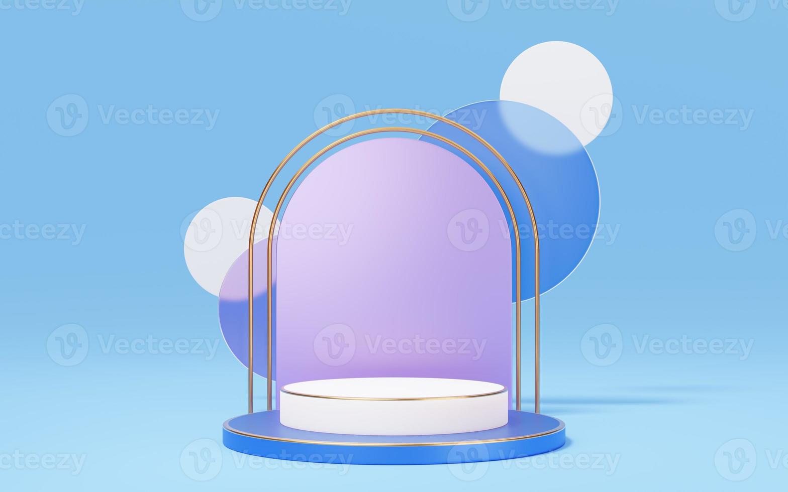 Empty white marble cylinder podium with gold border, glass circle on purple arch blue background. Abstract minimal studio 3d geometric shape object. Mockup space for display of product. 3d rendering. photo