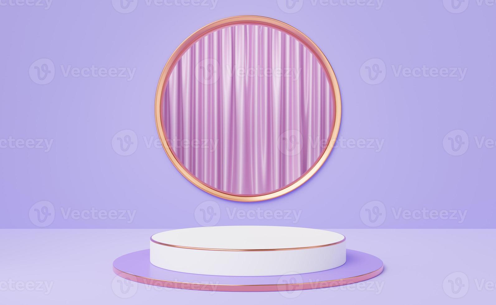 Empty 3D white cylinder podium with copper border on gold circle, purple arch, pink curtain background. Pedestal mockup space for display product. Abstract minimal studio geometric object. 3d render. photo