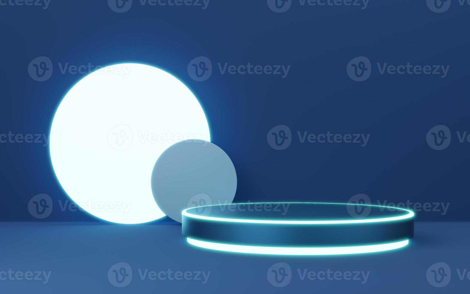 3D blue cylinder pedestal with neon border, gold ball, circle lighting on copy space background. Empty modern podium mockup. Abstract technology dark minimal geometric object. 3d render illustration. photo