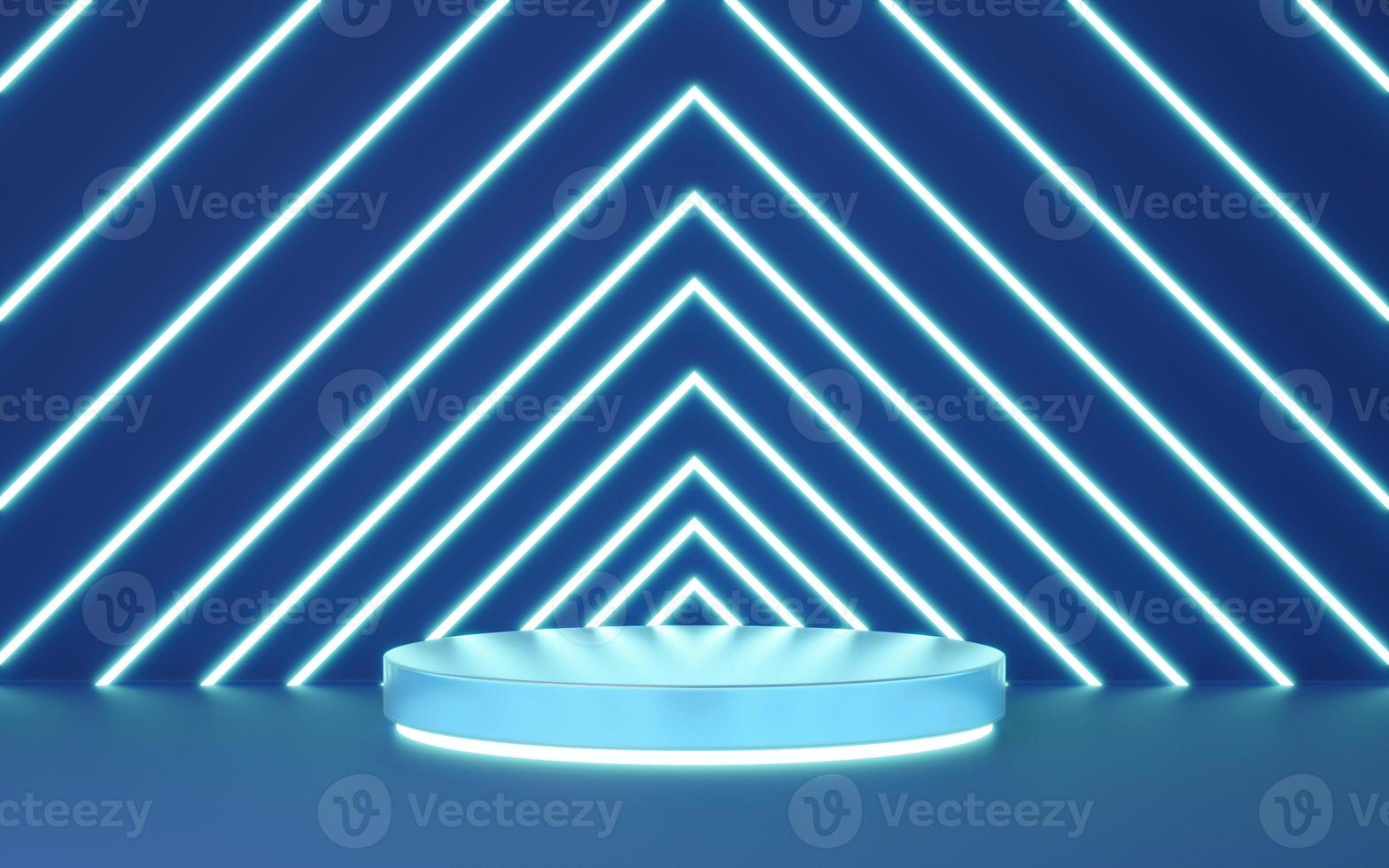 3D blue glass cylinder pedestal with gold border, neon triangle light on copy space background. Empty modern podium mockup. Abstract technology pastel minimal geometric object. 3d render illustration. photo
