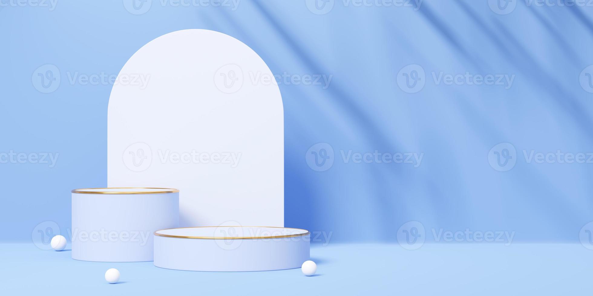3D white cylinder podium with gold border, shadow palm leaf on blue arch and copy space background. Empty pedestal mockup space for display product design. Abstract minimal studio object. 3d render. photo