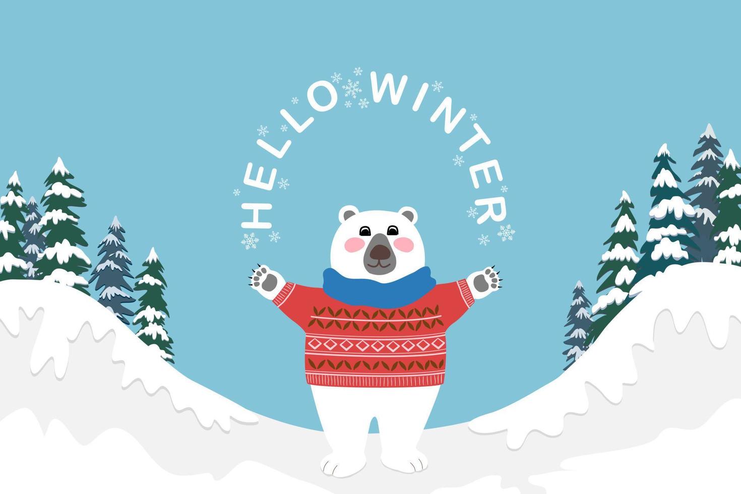 White polar bear wearing red sweater and scarf standing and hands up with texts Hello Winter, mountain, pine trees, snow and blue sky on background, vector cartoon character drawing