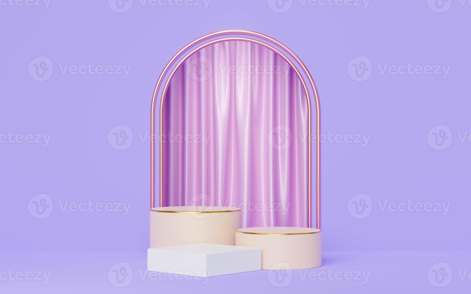 3d Old rose cylinder podium with gold border, white cube on purple arch, pink curtain background. Empty pedestal mockup space for display product. Abstract minimal studio geometric object. 3d render. photo