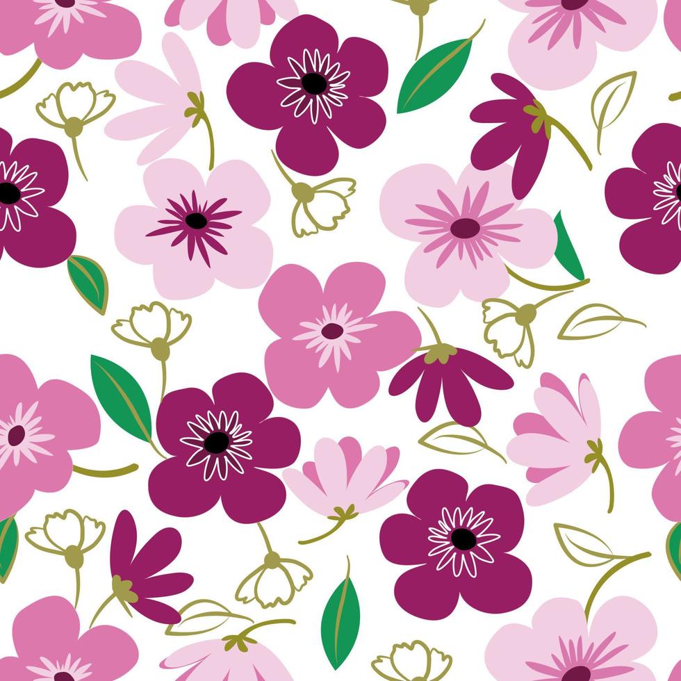 Purple pink daisy petal spring flower blossom vector seamless pattern, abstract flora illustration drawing on white background for fashion fabric textiles printing, wallpaper and paper wrapping