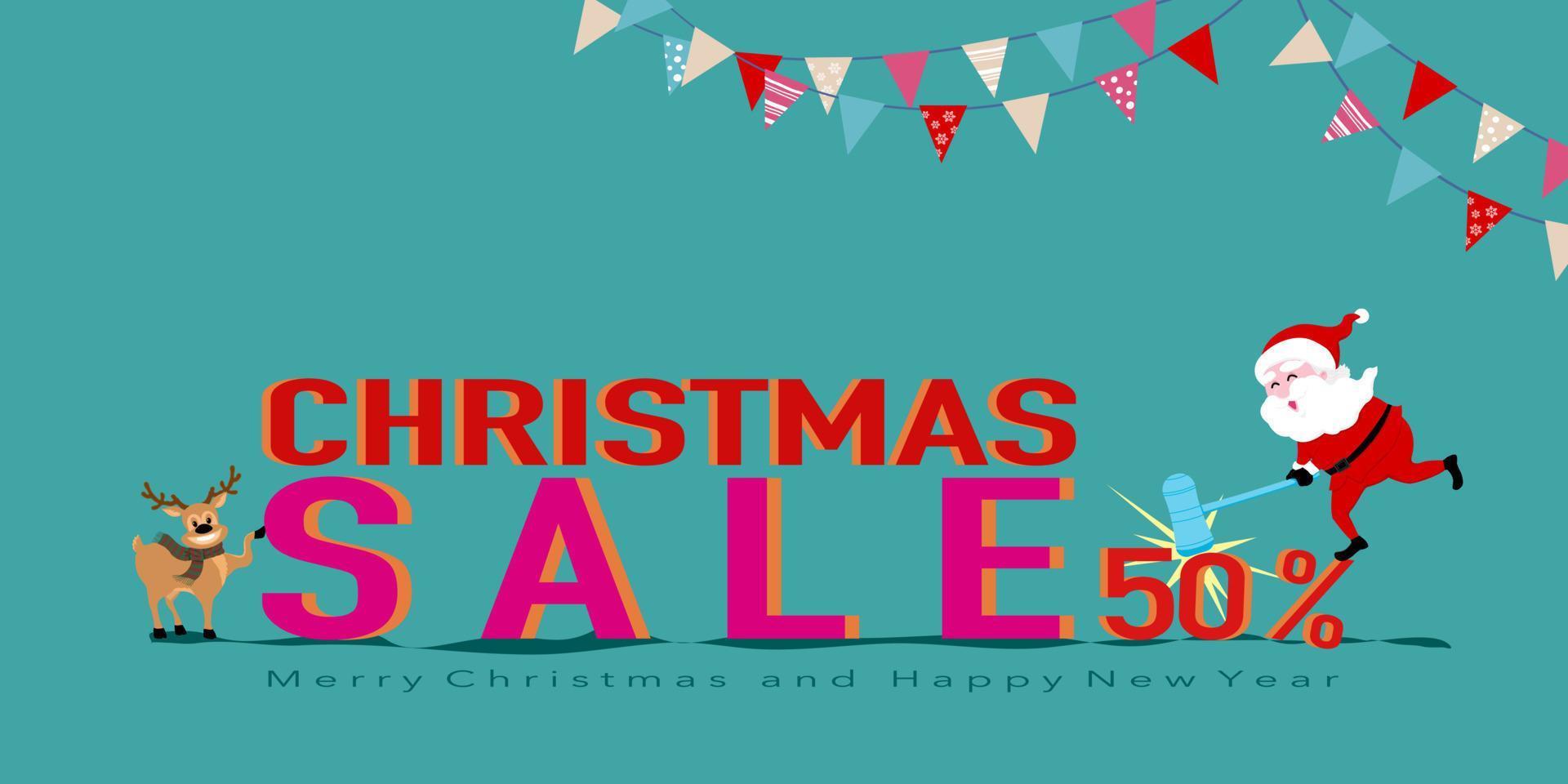 Christmas sale banner with Santa Claus, deer presentation, fifty percent discount and flag on green background, vector cartoon character for shopping promotion advertising, new year holiday seasonal