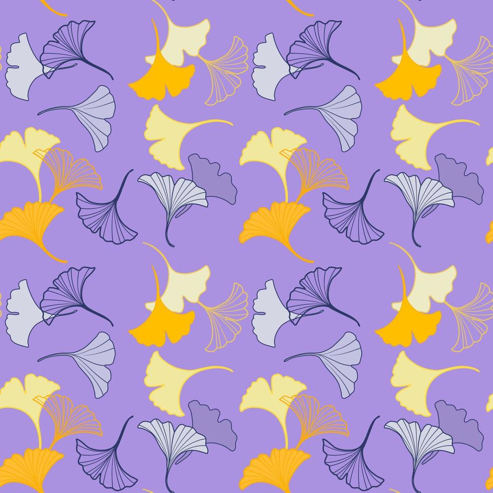 Vector seamless pattern with yellow and gray ginkgo leaves falling, illustration abstract autumn leaf drawing on violet background for fashion fabric textiles printing, wallpaper and paper wrapping