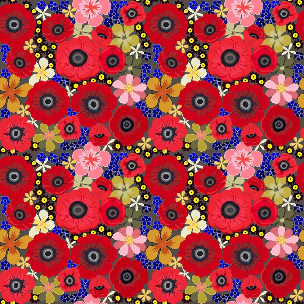 Vector seamless pattern with red petal Anemone spring flower blossom, illustration abstract flora drawing on blue background for fashion fabric textiles printing, wallpaper and paper wrapping