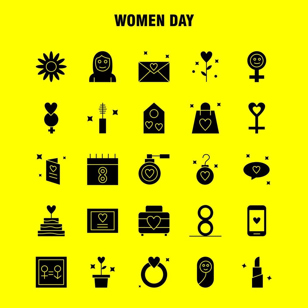 Women Day Solid Glyph Icons Set For Infographics Mobile UXUI Kit And Print Design Include Bag Shopping Bag Love Valentine Romantic Ear Ring Icon Set Vector