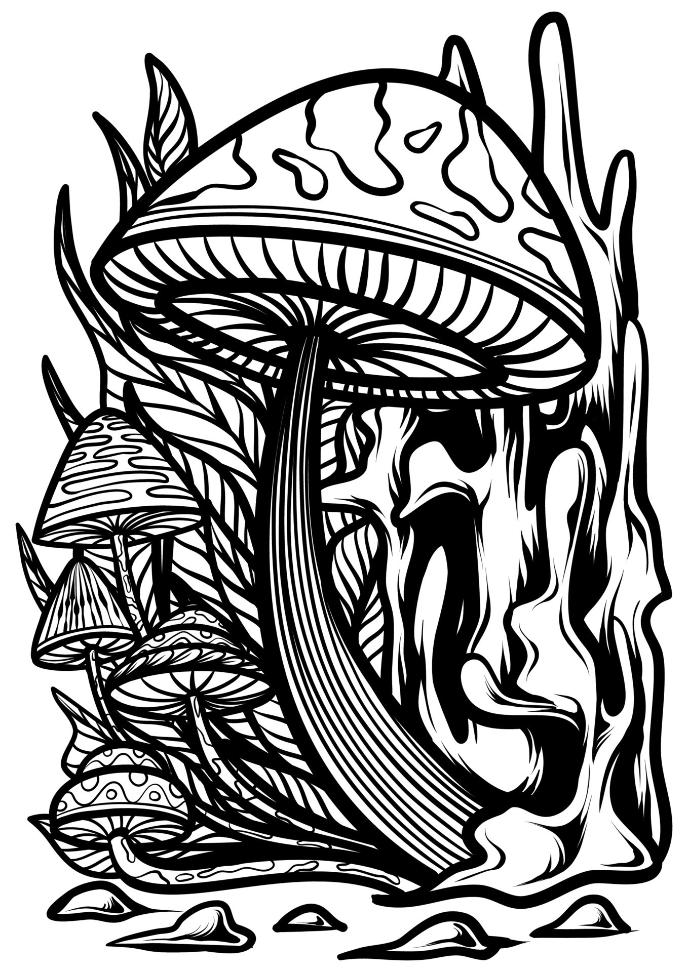 Mushroom line art and ink illustration background. Fungus details for