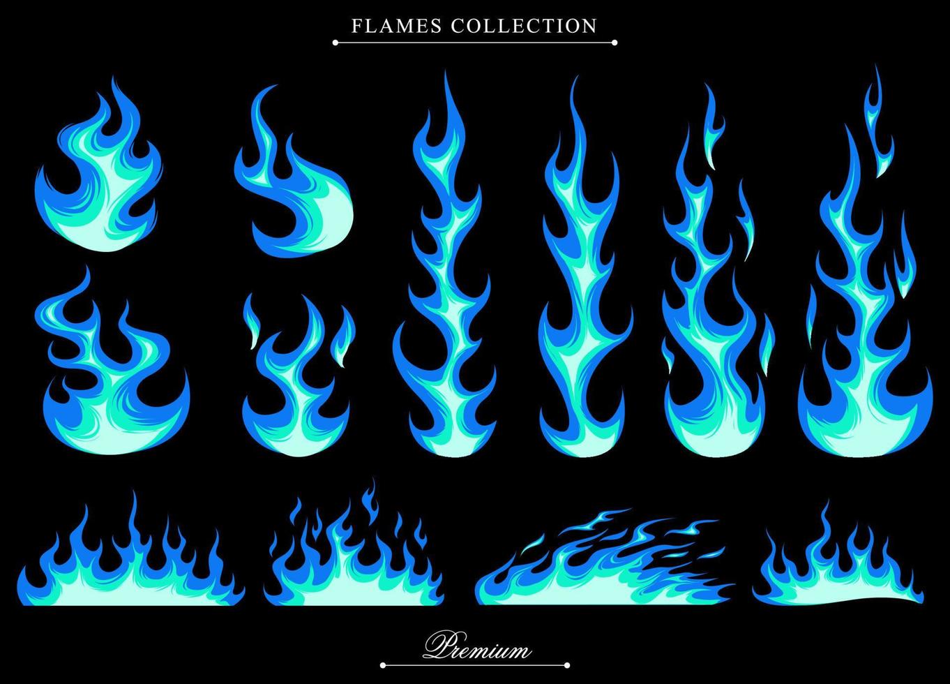 Blue flames set of fantasy element design illustration. Cartoon fire for comic, poster, tattoo, sticker, wrap, apparel, background, ornament. Vector eps 10. Isolated on black background.