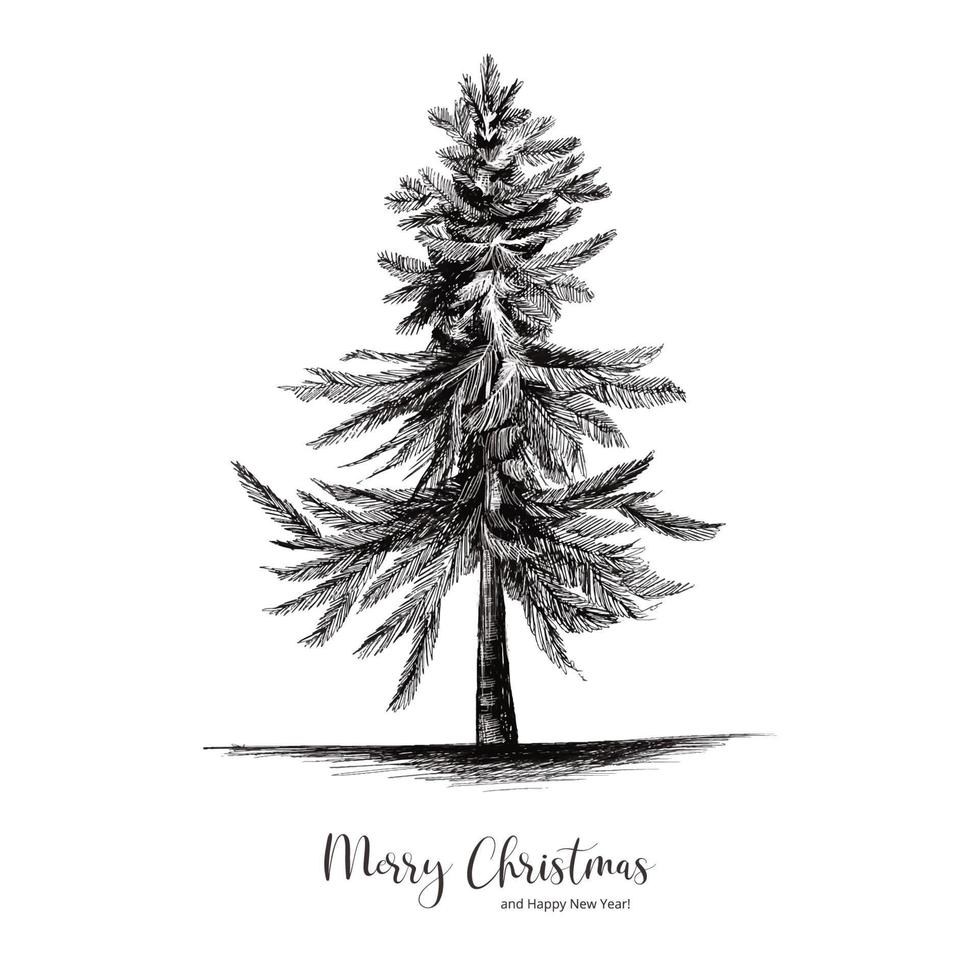 Hand draw winter christmas tree sketch card background vector