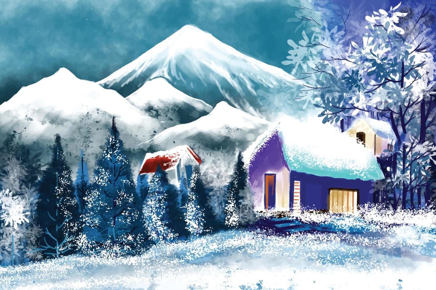 fondo de invierno de nieve y casa diseño de paisaje de tarjeta de árbol de navidad vector