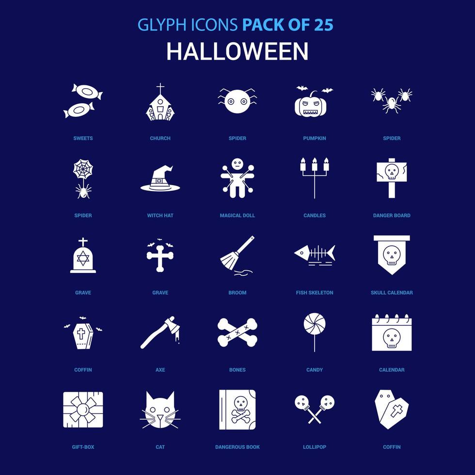 icono blanco de halloween sobre fondo azul paquete de 25 iconos vector