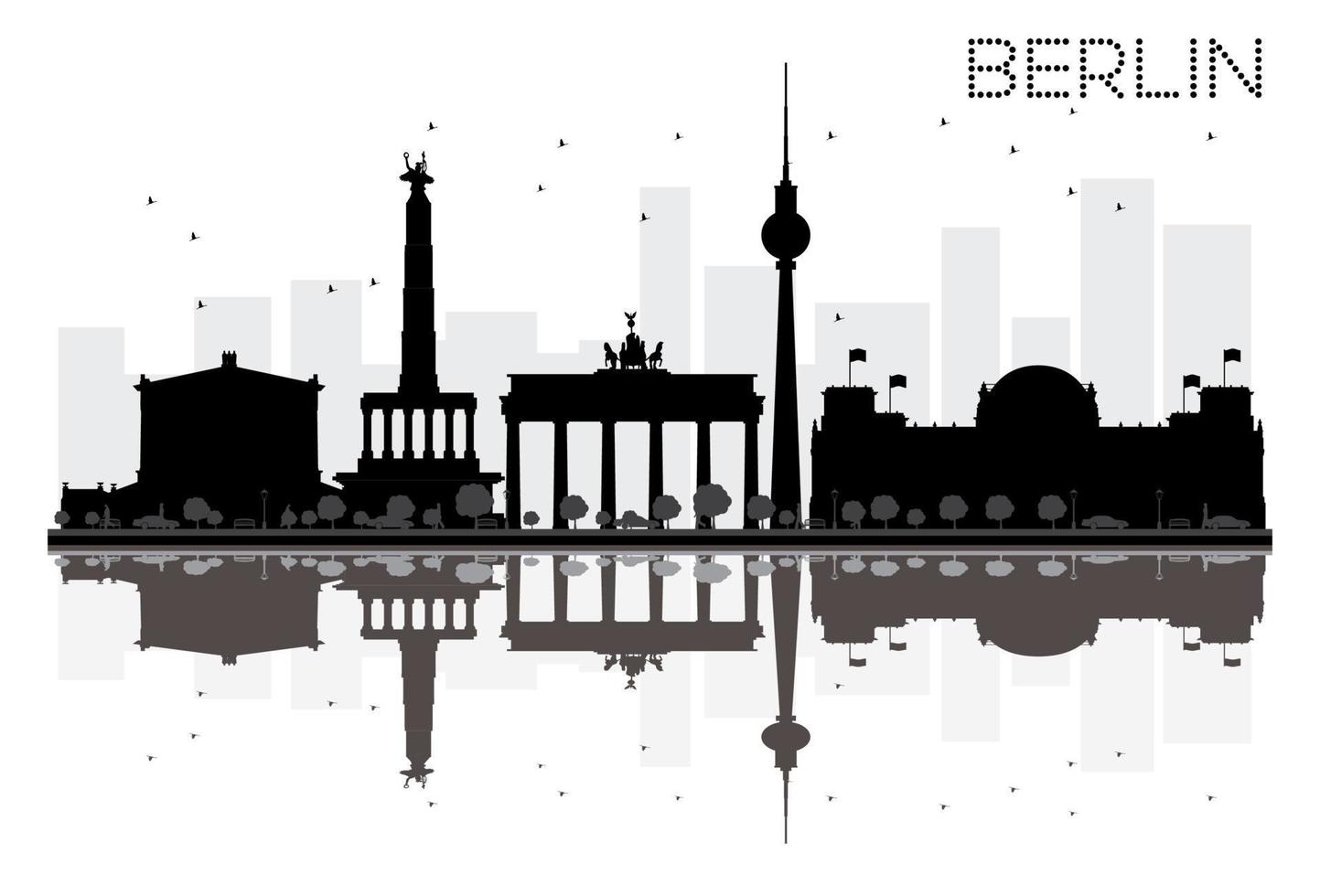 Silueta en blanco y negro del horizonte de la ciudad de Berlín con reflejos. vector