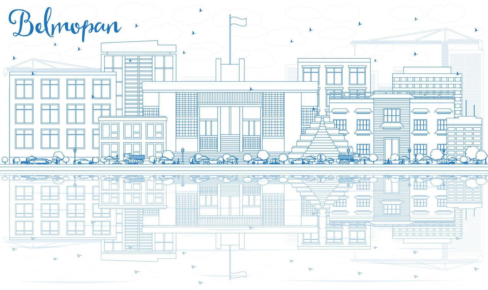 Outline Belmopan Skyline with Blue Buildings and Reflections. vector