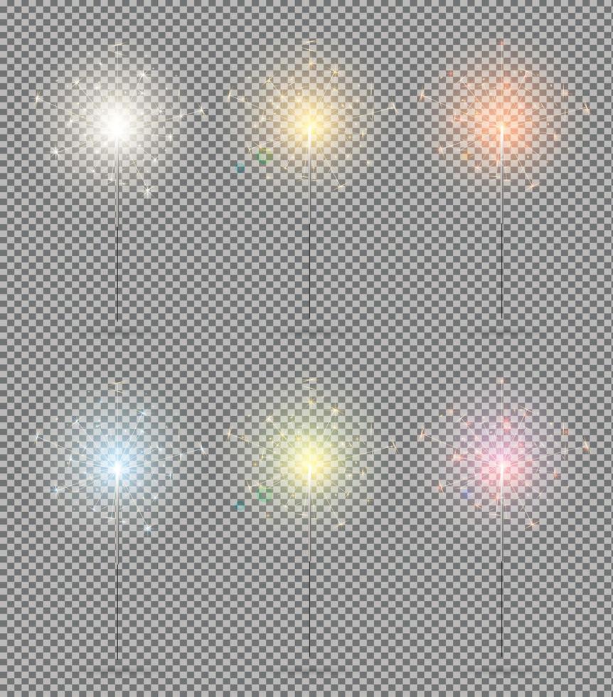 Bengal Lights Set. Christmas Sparkler Isolated on Transparent Background. vector