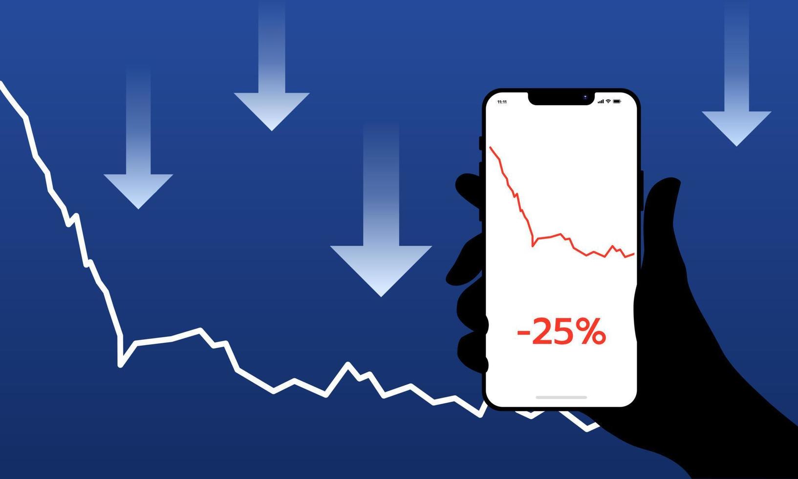 Stock prices continued to fall. Smartphones show a sharp drop in stock prices. Vector illustration.
