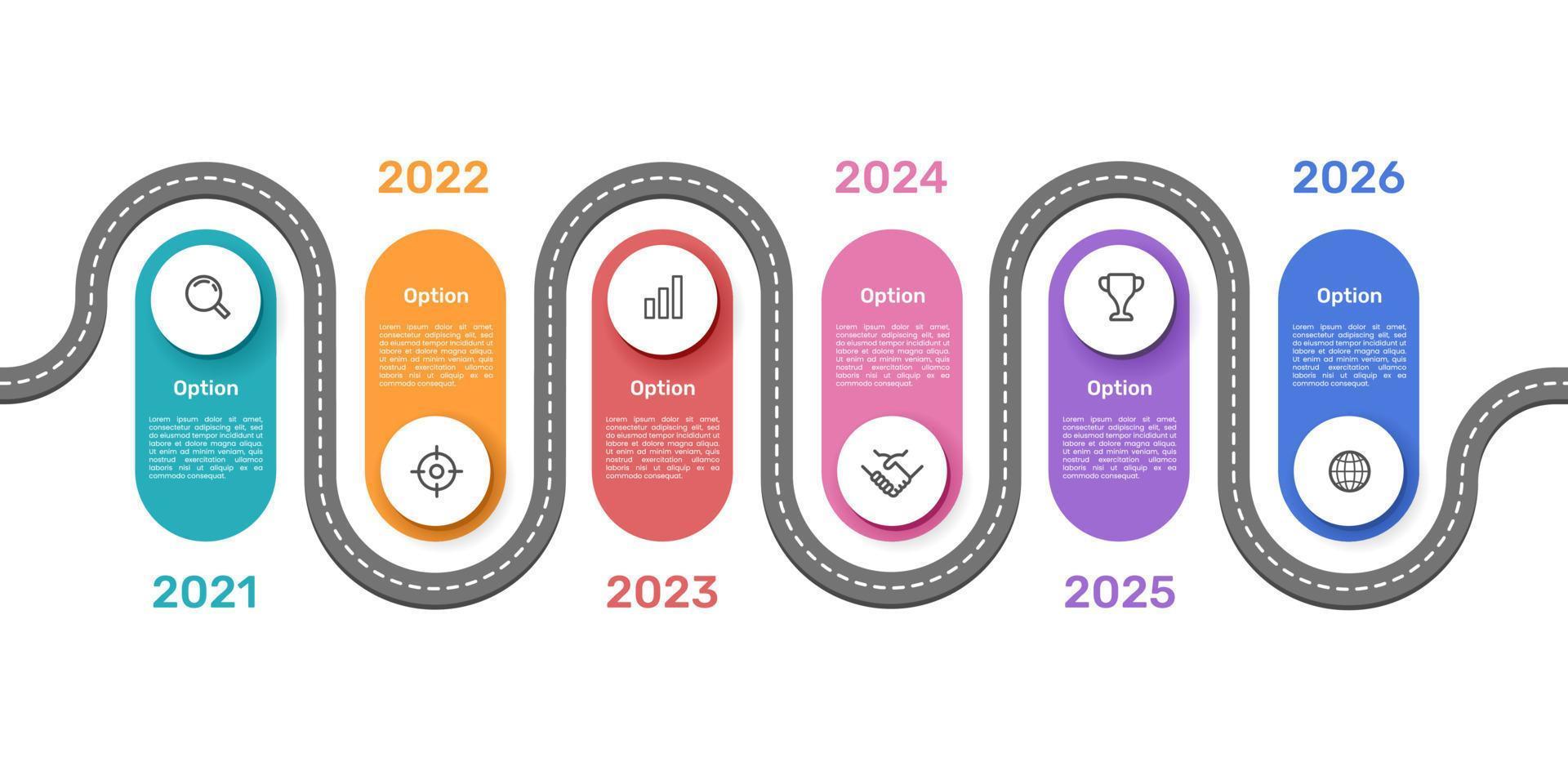 Winding road horizontal infographic. Business presentation of 6-time company milestones. vector