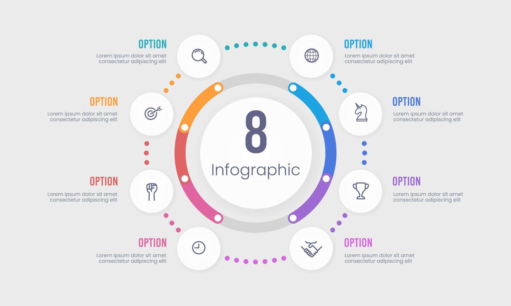 Process chart. Infographic 8 options business process colorful. Vector illustration.