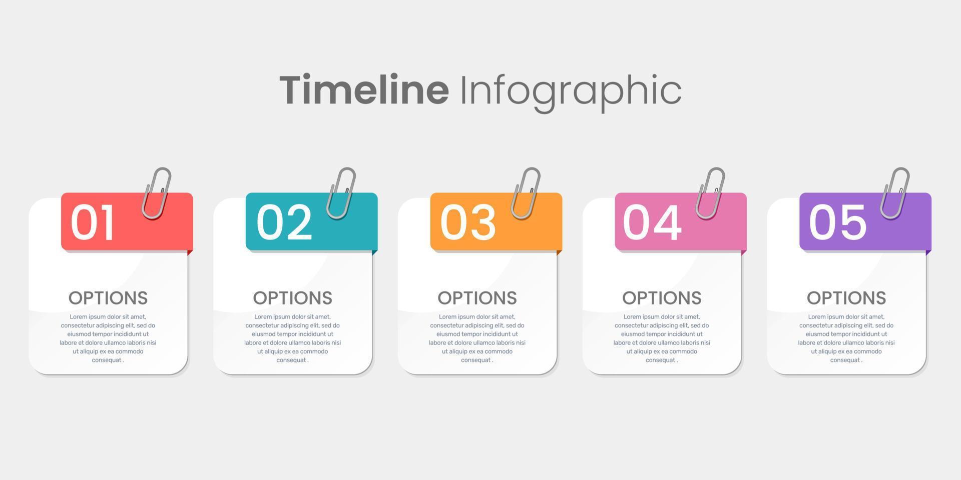 cinco opciones infográficas con estilo de clip de papel. vector