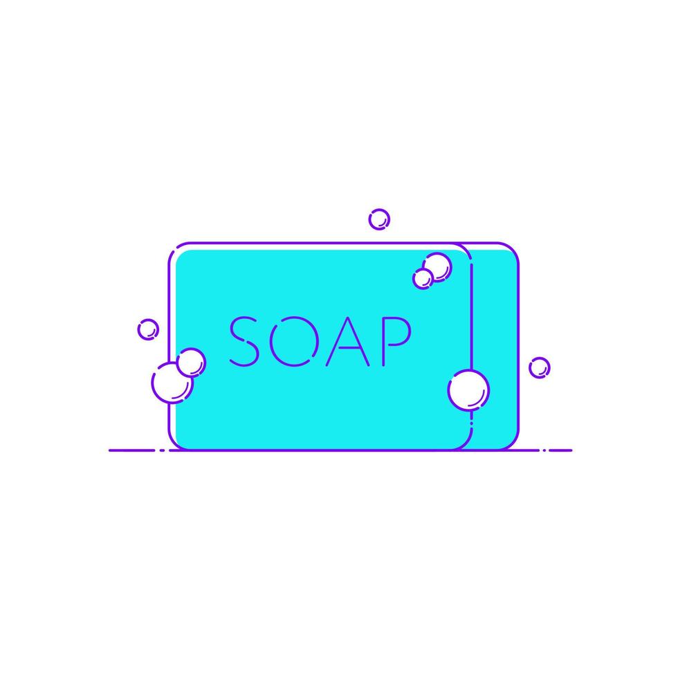 Line icon of solid bar of soap in rectangular shape with foam bubbles. Vector Illustration in flat style for hand, face and body hygiene, infographic of protection from bacteria and infection