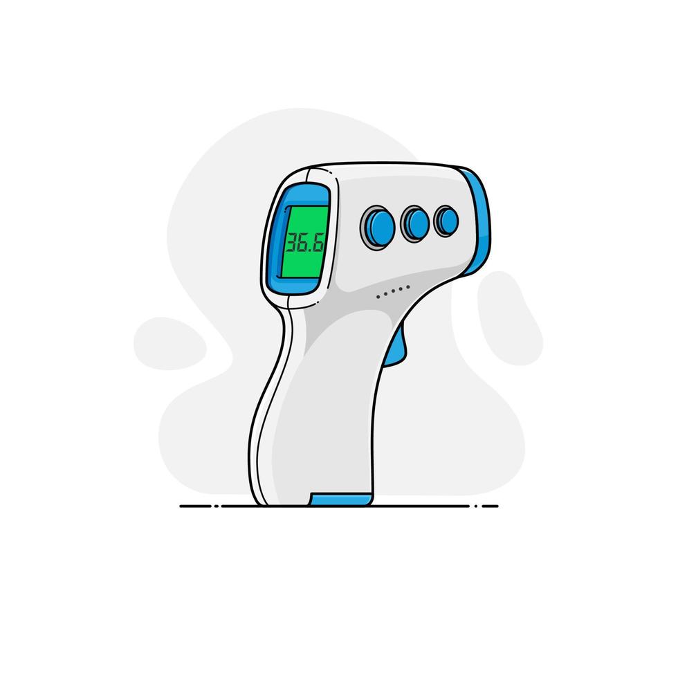 Vector template of digital non-contact infrared forehead thermometer in flat style with outline on background of abstract shapes. Medical device, measuring human body temperature