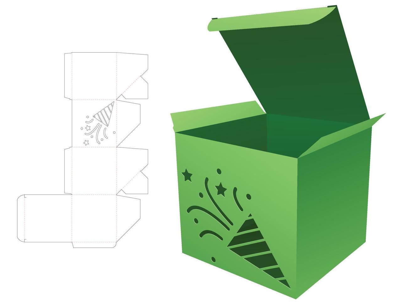 caja con plantilla troquelada de confeti estarcida y maqueta 3d vector