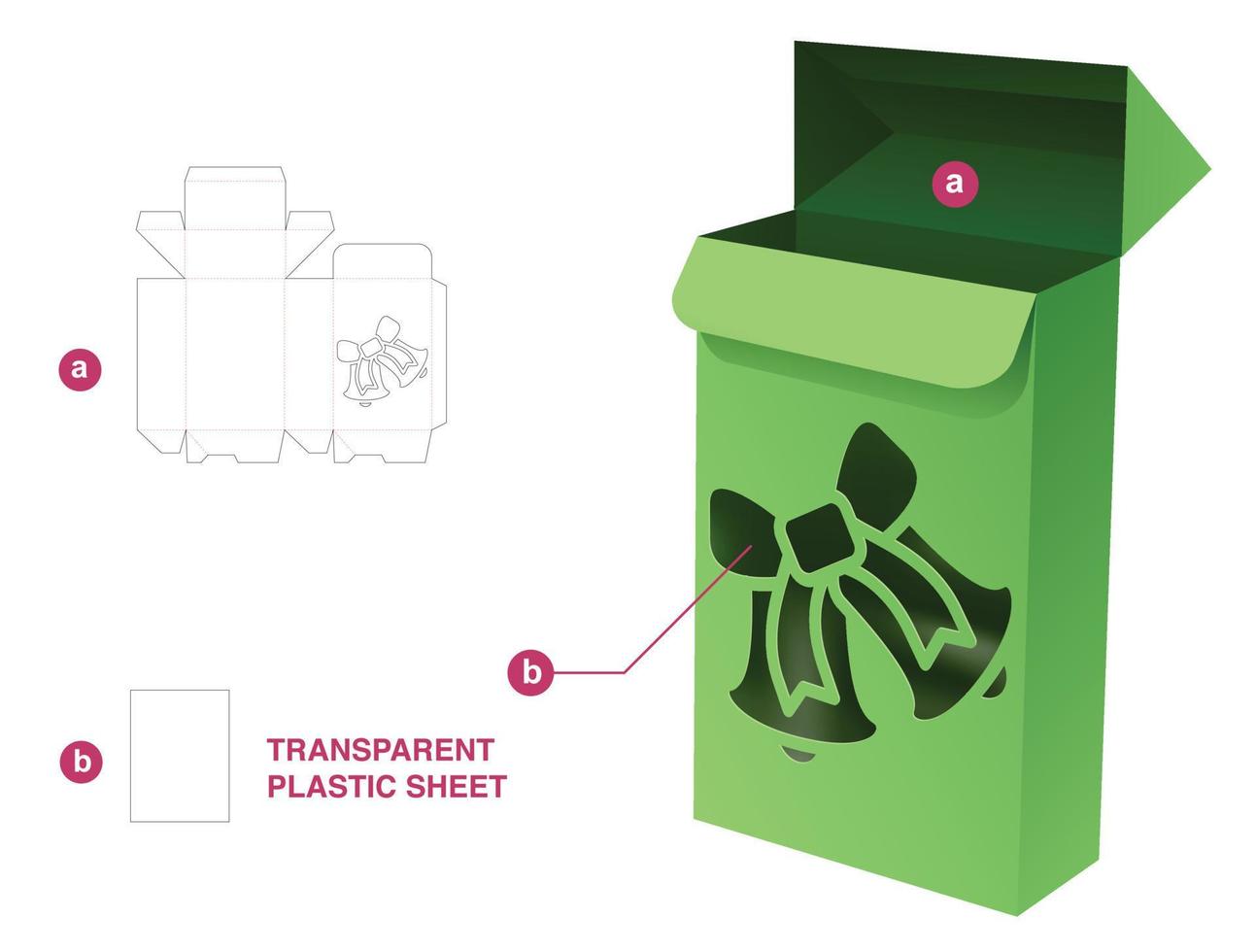 Auto locked point box with Christmas bell window and transparent plastic sheet die cut template vector