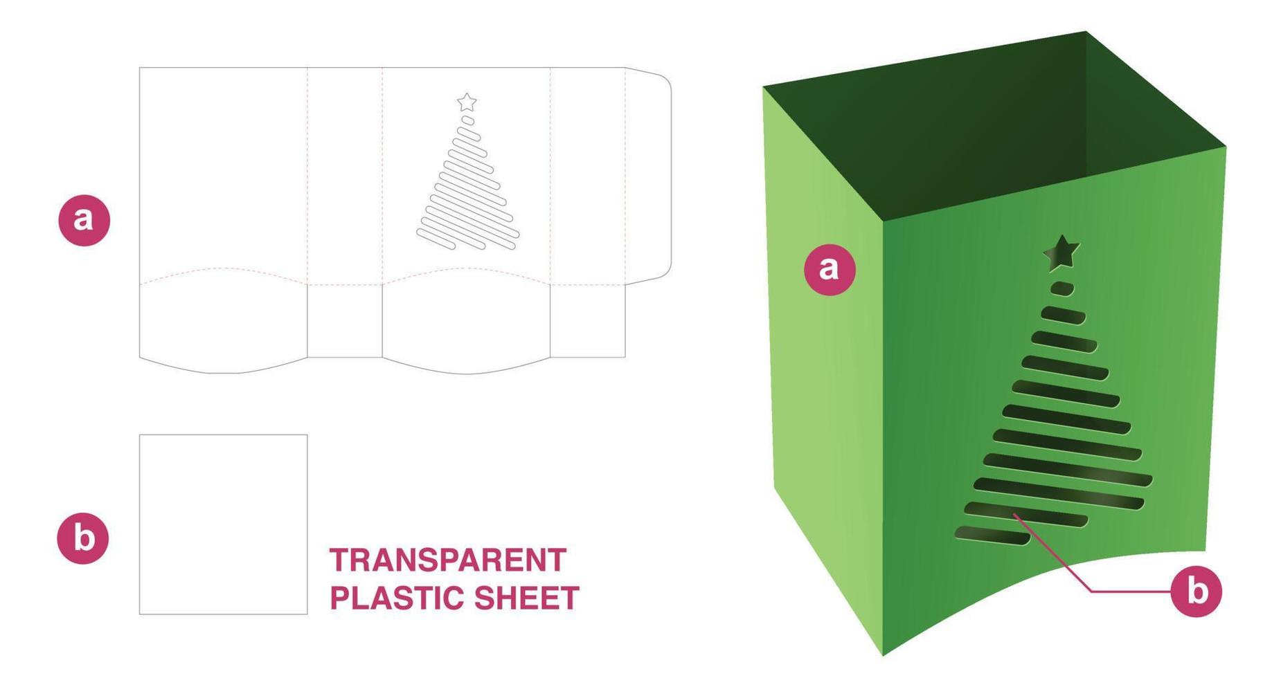 bottom curved box and Christmas tree window with transparent plastic sheet die cut template vector