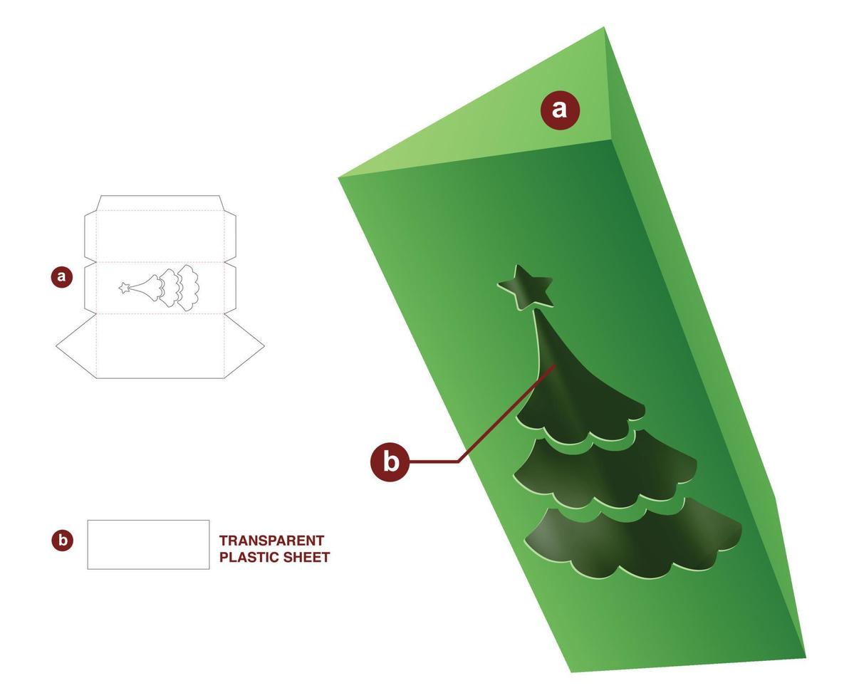 Triangle box with Christmas tree window and plastic sheet die cut template vector
