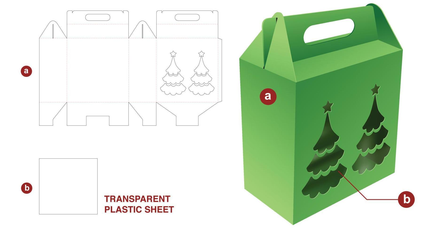 Cardboard handle box and Christmas tree window with transparent plastic sheet die cut template vector