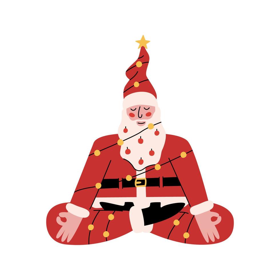 Flat vector hand drawn Santa Claus meditating isolated on white background