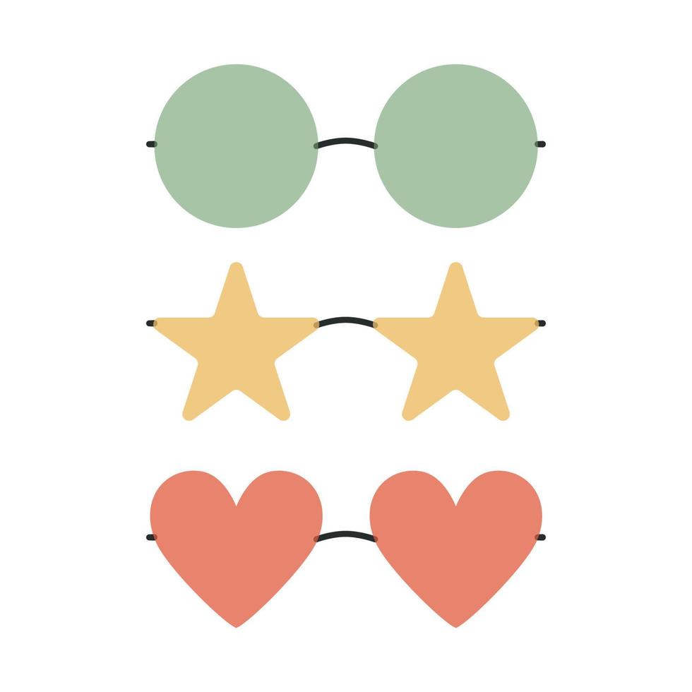 Flat vector hippy boho round, heart, star shaped sunglasses illustration. Hand drawn retro groovy elements.